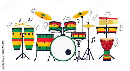 Colorful African Drums and Cymbals Set.