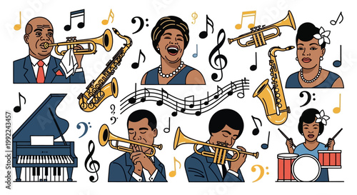 Jazz musicians playing musical instruments together.