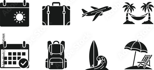 Travel vacation vector icon set black silhouette icons for tourism holidays and leisure activities