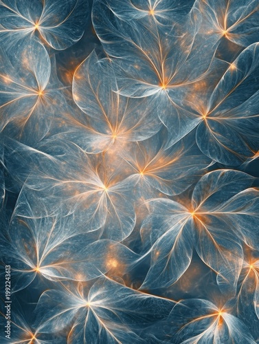 Abstract kaleidoscope of frosted glass leaves with glowing edges