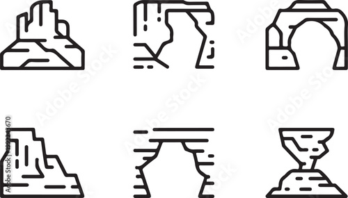 Canyon red rock formation black line vector icon set. flat outline stroke line art