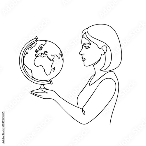 Woman holding a globe continuous line drawing. Geography teacher and global education concept graphic. Minimalist one line art