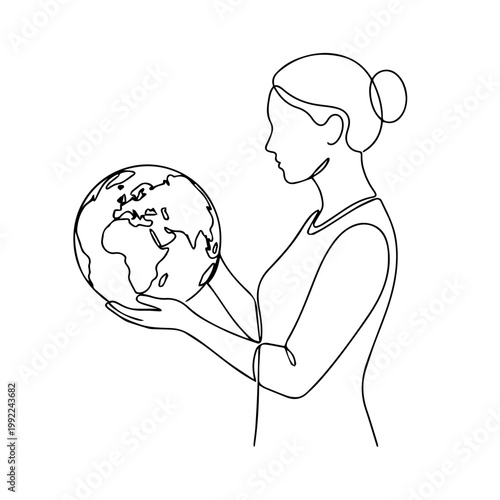 Woman holding planet earth globe line art. Continuous one line drawing graphic. Global education and geography concept
