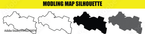 Modling map silhouette vector pack featuring geometric outlines solid black fills and digital halftone dot patterns.