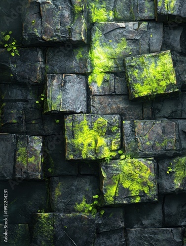 Abstract mossy stone texture with glowing green patterns, evoking ancient natural magic