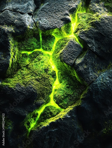 Abstract mossy stone texture with glowing green patterns, evoking ancient natural magic