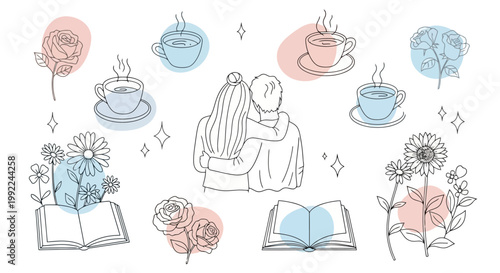 Line art couple embracing with books flowers and coffee cups.