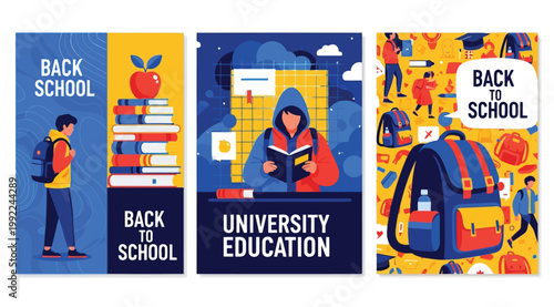Back to school and university education poster set with students and supplies