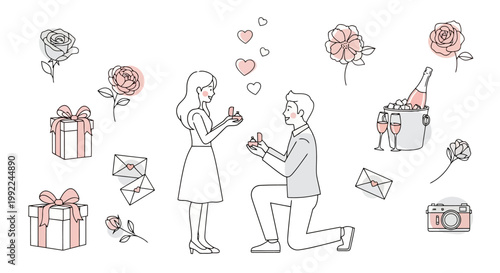 Man proposes to woman with engagement ring, surrounded by hearts.