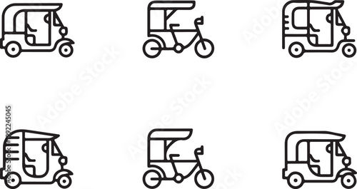 Classic tuktuk rikshaw black line vector icon set. Asian travel theme icon in flat outline stroke line art