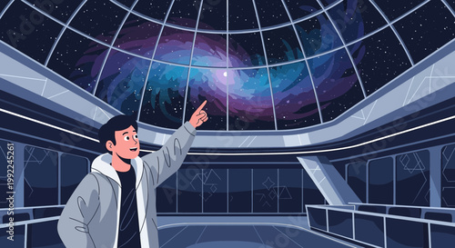 Exploring the cosmos, a young observer points to a distant nebula in observatory