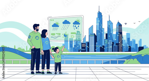 Family explores futuristic eco-friendly city with advanced weather information system