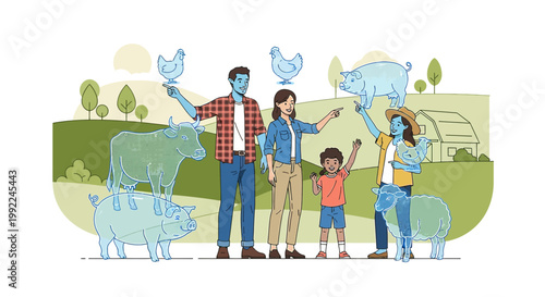 Family farm adventure: A colorful illustration of rural life with animals and happy people on farm