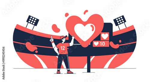 Fan Celebrates Sports Victory with Giant Heart Symbol and Scoreboard