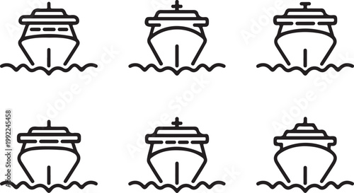Cruise ship stamps black line vector icon set. cargo ship with wake wave icon in flat outline stroke line art