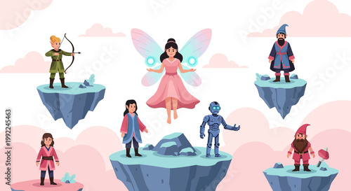 Fantastical floating islands populated by mythical characters and futuristic robot