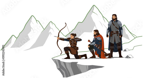 Fantasy archer prepares to shoot amid snow capped mountains with fellow warriors observing