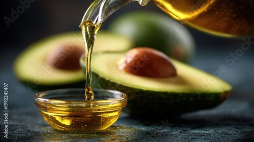 premium Golden avocado oil pouring from a glass bottle into a small bowl with fresh avocado halves in the background background