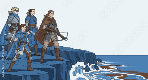 Fantasy troop stands guard at the cliff's edge overlooking the sea a moment of vigilance and