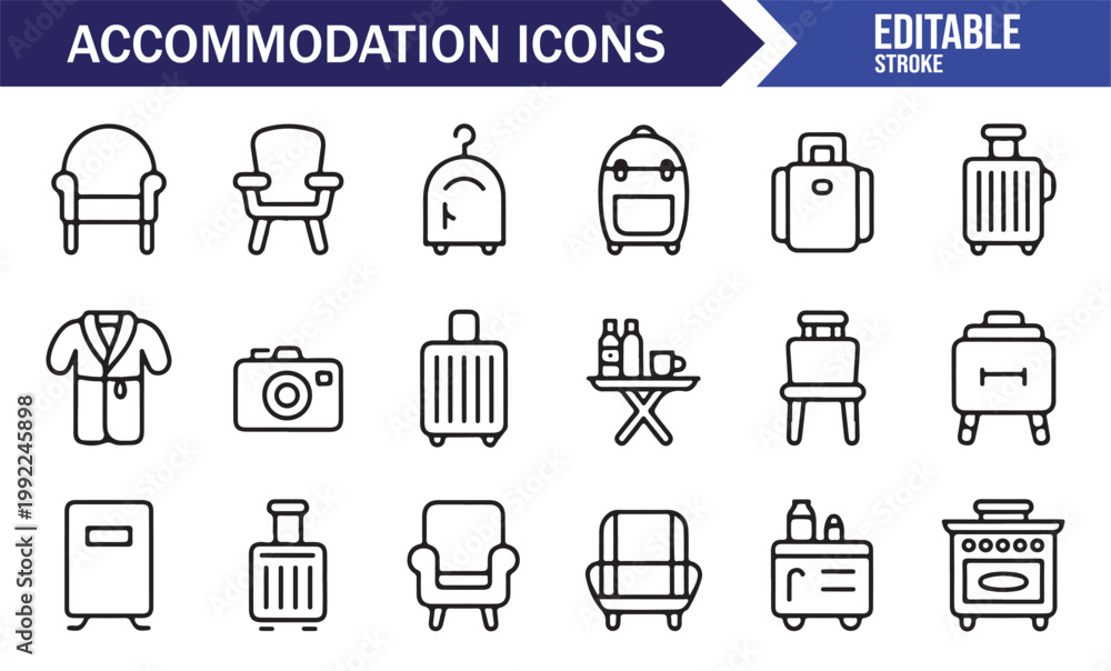 Fototapeta premium Simple lodging symbols in linear style isolated on white background