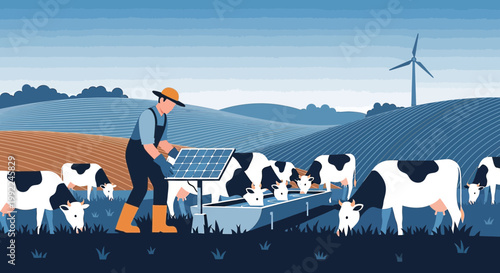 Farmer harnessing solar energy for a sustainable dairy farm powering cattle water supply