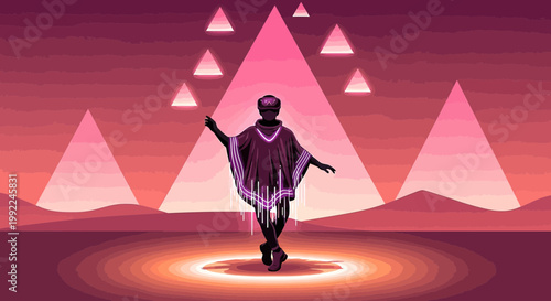 Enigmatic Figure Dancing Under Geometric Desert Sky with Pyramid Silhouettes