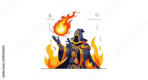 Enigmatic sorcerer casting fireball, surrounded by blazing flames in vivid illustration