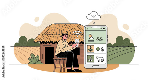 Farmer leveraging digital technology for optimized agriculture using his smartphone app