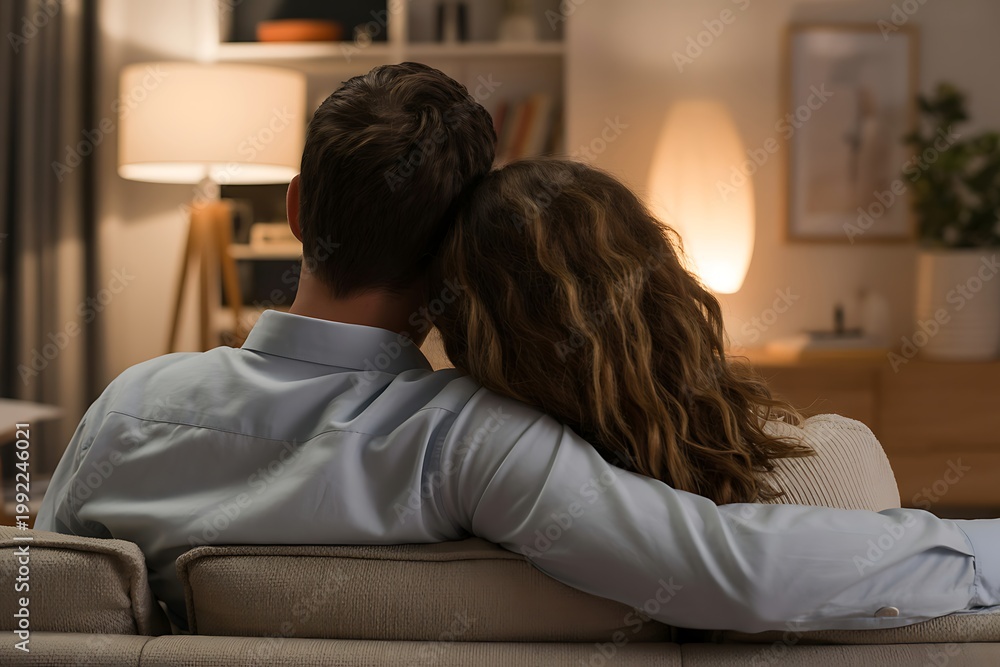 Obraz premium Young couple embracing while relaxing on a comfortable sofa in their warm home during a quiet evening