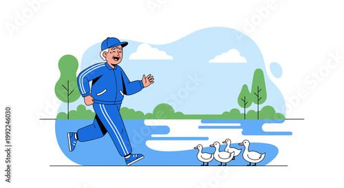 Enthusiastic senior man jogging cheerfully with a flock of ducks alongside a serene lake landscape