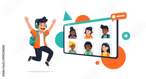 Enthusiastic student celebrates virtual learning success with diverse classmates online