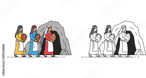 Biblical illustration of three women carrying jars of spices to the empty tomb of Jesus on Easter morning, resurrection story scene in flat vector and line art style for coloring page.