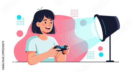 Enthusiastic young woman immersed in a video game spotlighted with modern shapes