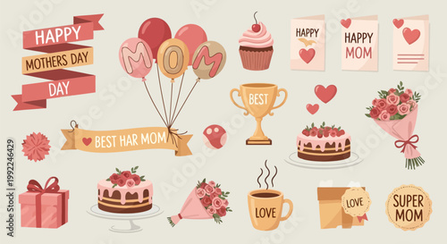 Mothers Day celebration set with gifts, cakes, flowers, and festive decorations.
