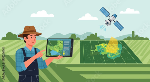 Farmer using advanced technology for agriculture, monitoring field conditions remotely through