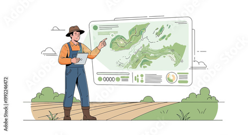 Farmer using augmented reality to analyze field with advanced technology in agriculture