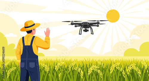 Farmer using drone technology for precision agriculture on a sunny day harvesting season