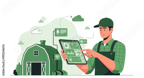 Farmer using technology to manage and monitor farm operations for sustainable agriculture