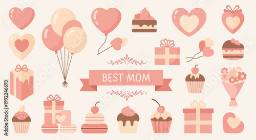 Mothers Day celebration with gifts, balloons, cakes, and hearts.