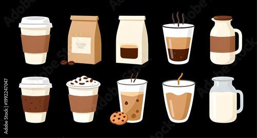 coffee, drink, beverage, hot, cold, espresso, latte, cappuccino, iced, beans, milk, pitcher, cafe, cup, mug, barista, illustration