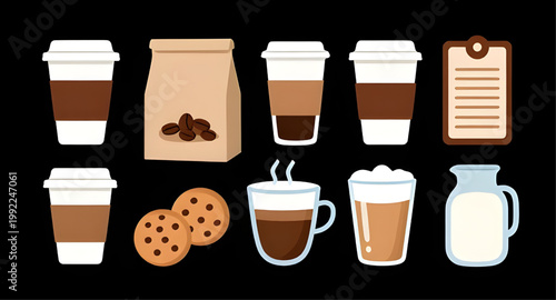 coffee, drink, beverage, hot, cold, espresso, latte, cappuccino, iced, beans, milk, pitcher, cafe, cup, mug, barista, illustration