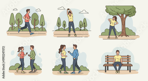 People engaging in various outdoor activities like running, stretching, walking, and relaxing on a bench in a park setting.