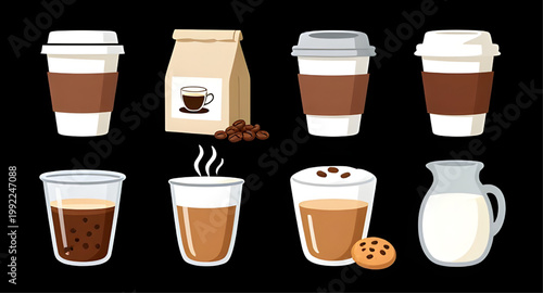 coffee, drink, beverage, hot, cold, espresso, latte, cappuccino, iced, beans, milk, pitcher, cafe, cup, mug, barista, illustration