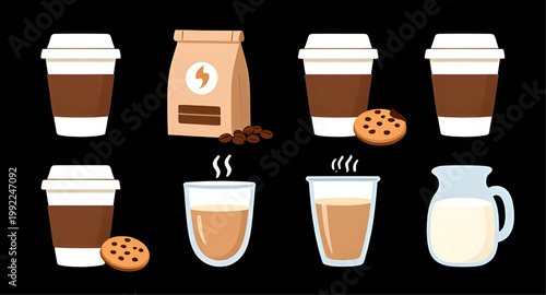 coffee drinks, hot coffee, cold coffee, espresso cup, latte art, cappuccino foam, iced coffee, coffee beans, milk pitcher, cafe menu, barista set, coffee collection, beverage illustration, cafe drinks