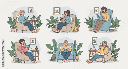 People reading books in comfortable chairs, enjoying quiet leisure time at home.