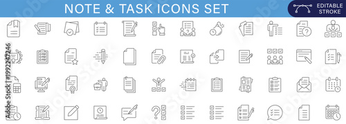 Note and task icons set collection document checklist planning reminder schedule office productivity management outline vector illustration pack minimal UI editable stroke