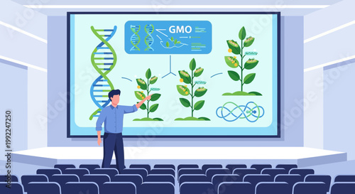 Explaining the science of genetically modified organisms in a lecture hall with the DNA strand and