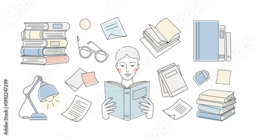 Person reading book surrounded by various study related items.