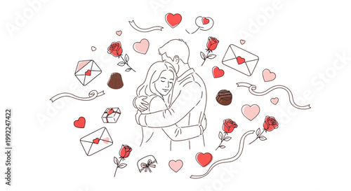 Romantic embrace with hearts and roses in a circular frame.