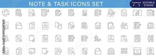 Note and task icons set collection document checklist planning reminder schedule office productivity management outline vector illustration pack minimal UI editable stroke